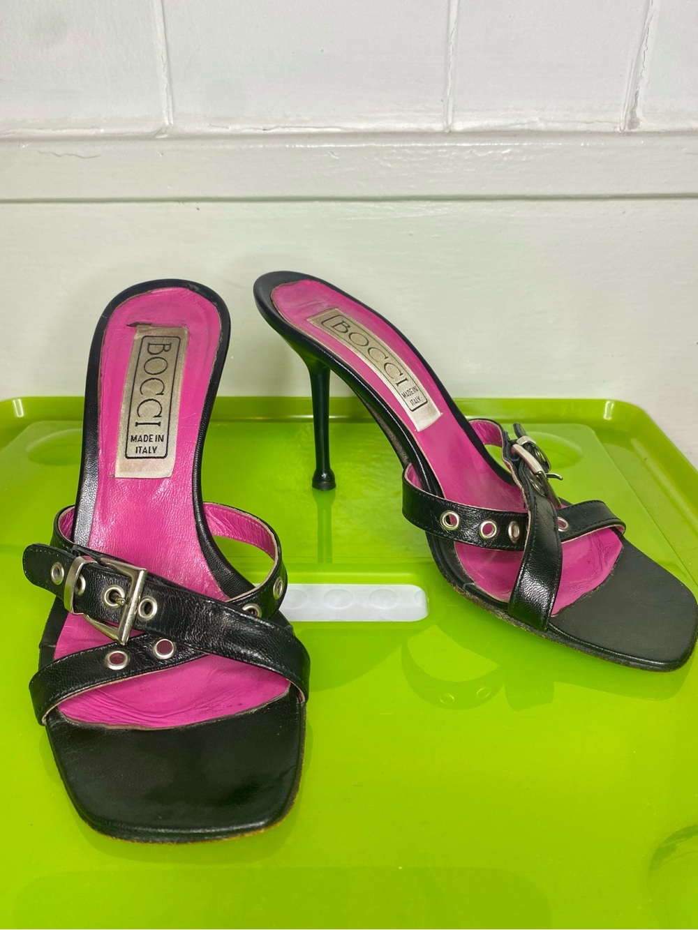 boc Black Leather High Heel Sandals with Pink Insole